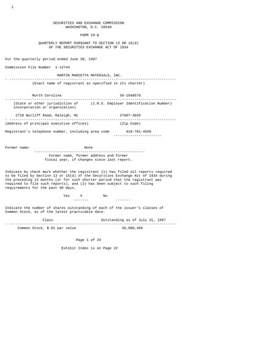 Thumbnail Martin Marietta Materials Quarterly Report 1997-q2