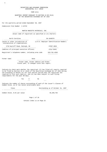 Thumbnail Martin Marietta Materials Quarterly Report 1997-q3