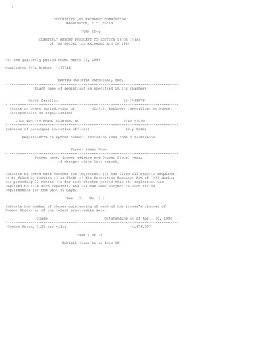 Thumbnail Martin Marietta Materials Quarterly Report 1998-q1