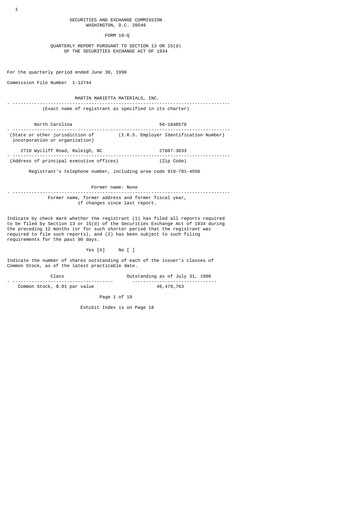 Thumbnail Martin Marietta Materials Quarterly Report 1998-q2