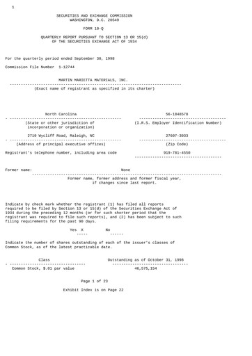 Thumbnail Martin Marietta Materials Quarterly Report 1998-q3