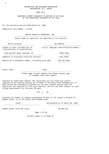 Thumbnail Martin Marietta Materials Quarterly Report 1999-q1