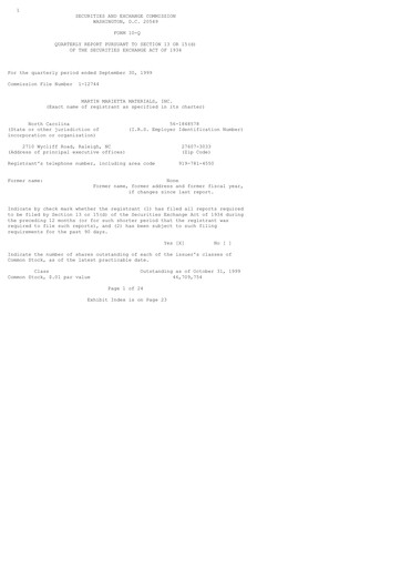 Thumbnail Martin Marietta Materials Quarterly Report 1999-q3