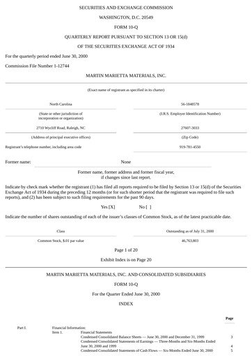 Thumbnail Martin Marietta Materials Quarterly Report 2000-q2