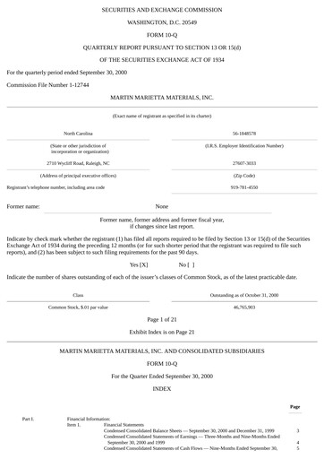 Thumbnail Martin Marietta Materials Quarterly Report 2000-q3