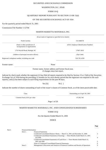 Thumbnail Martin Marietta Materials Quarterly Report 2001-q1