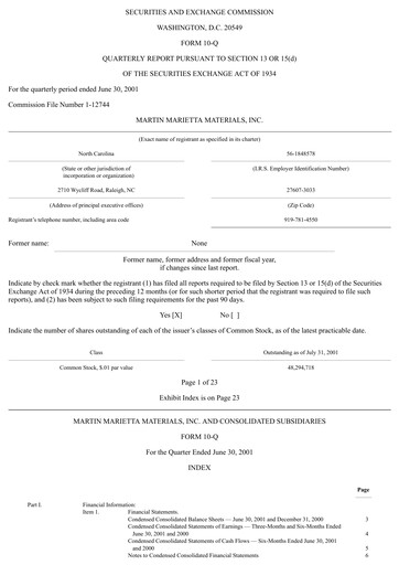 Thumbnail Martin Marietta Materials Quarterly Report 2001-q2