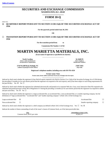 Thumbnail Martin Marietta Materials Quarterly Report 2011-q2