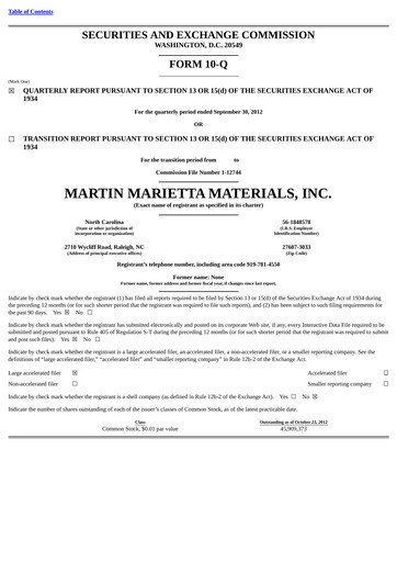 Thumbnail Martin Marietta Materials Quarterly Report 2012-q3