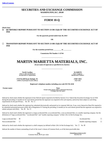Thumbnail Martin Marietta Materials Quarterly Report 2014-q2