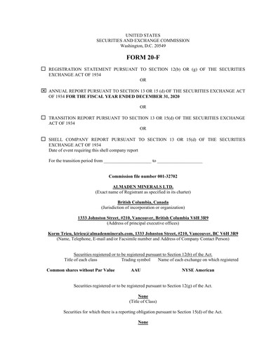 Thumbnail Almaden Minerals
 Annual Report 2020