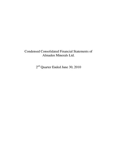 Thumbnail Almaden Minerals
 Quarterly Report 2010-q2