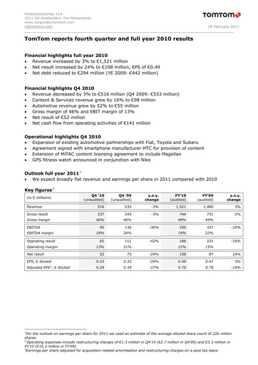 Thumbnail TomTom Financial Statement 2010