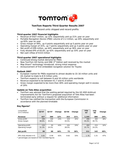 Thumbnail TomTom Quarterly Report 2007-q3