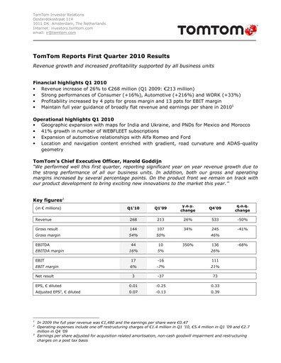 Thumbnail TomTom Quarterly Report 2010-q1