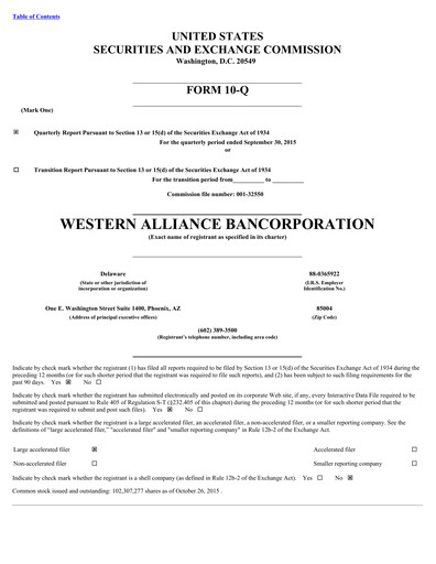 Thumbnail Western Alliance Bancorporation
 Quarterly Report 2015-q3