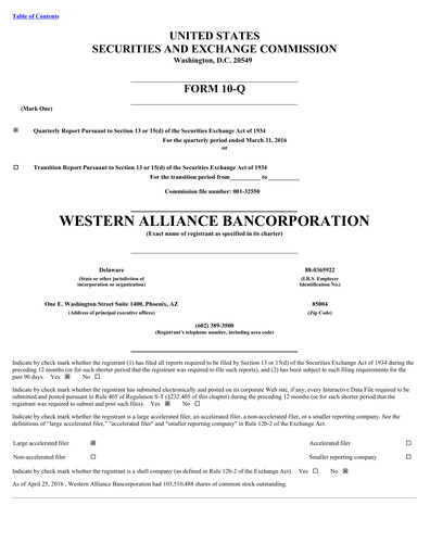 Thumbnail Western Alliance Bancorporation
 Quarterly Report 2016-q1