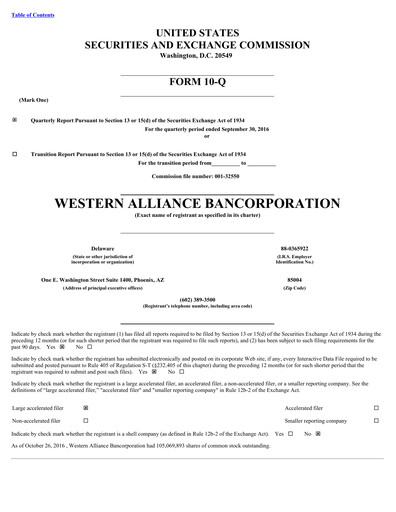 Thumbnail Western Alliance Bancorporation
 Quarterly Report 2016-q3