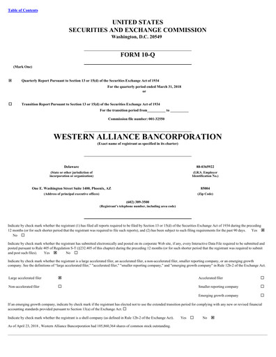 Thumbnail Western Alliance Bancorporation
 Quarterly Report 2018-q1