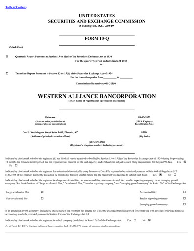 Thumbnail Western Alliance Bancorporation
 Quarterly Report 2019-q1