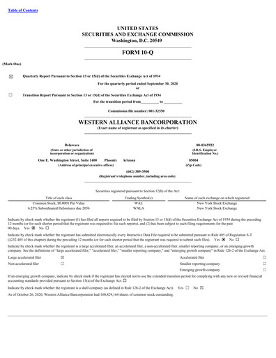 Thumbnail Western Alliance Bancorporation
 Quarterly Report 2020-q3