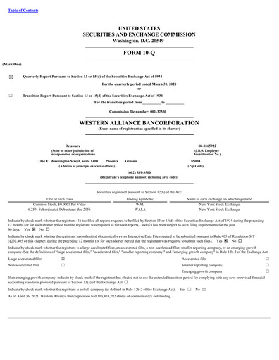 Thumbnail Western Alliance Bancorporation
 Quarterly Report 2021-q1