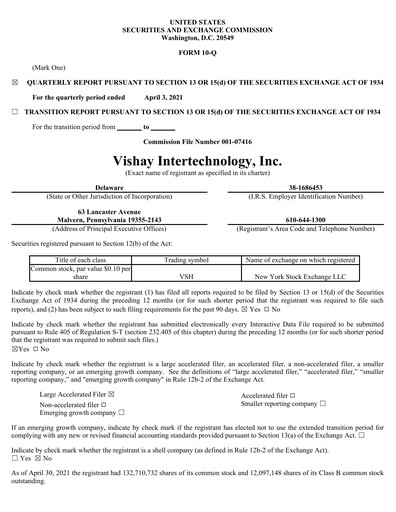 Thumbnail Vishay Intertechnology
 Quarterly Report 2021-q1