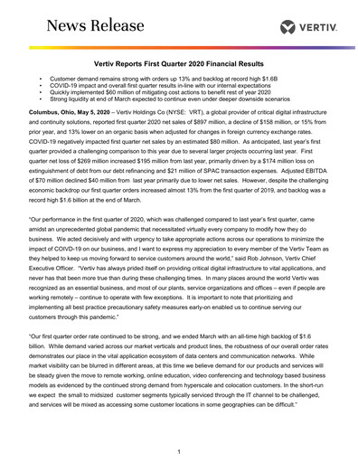 Miniature Vertiv Holdings
 Rapport trimestriel 2020-q1