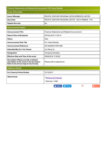Thumbnail Pacific Century Regional Developments
 Financial Report 2017