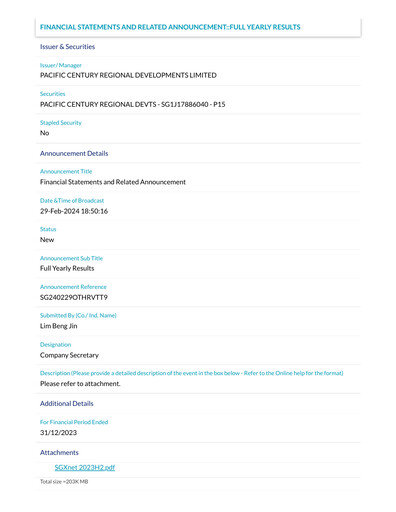 Thumbnail Pacific Century Regional Developments
 Financial Report 2023