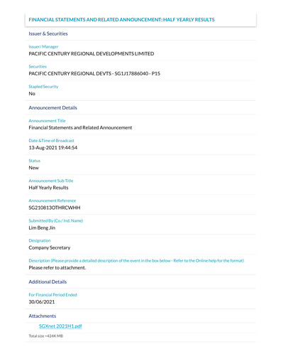 Thumbnail Pacific Century Regional Developments
 Half-year Report 2021
