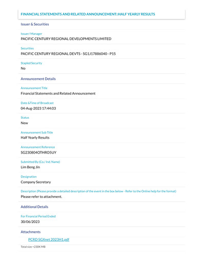 Thumbnail Pacific Century Regional Developments
 Half-year Report 2023