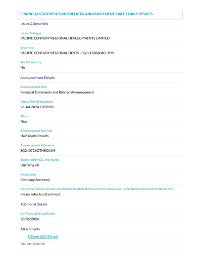 Thumbnail Pacific Century Regional Developments
 Half-year Report 2024