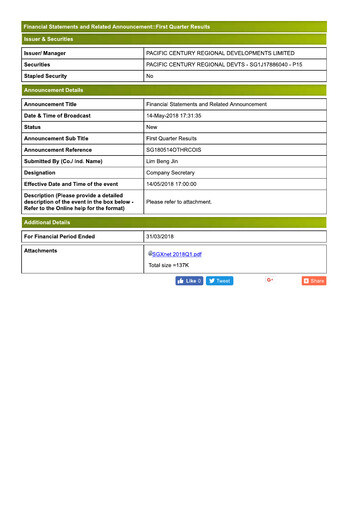 Thumbnail Pacific Century Regional Developments
 Quarterly Report 2018-q1
