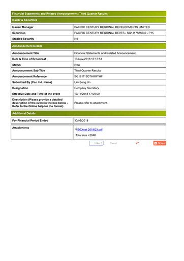 Thumbnail Pacific Century Regional Developments
 Quarterly Report 2018-q3