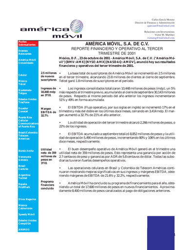 Thumbnail America Movil Quarterly Report 2001-q3