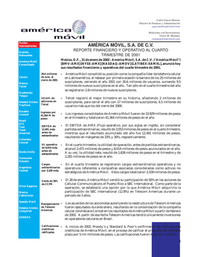 Thumbnail America Movil Quarterly Report 2001-q4