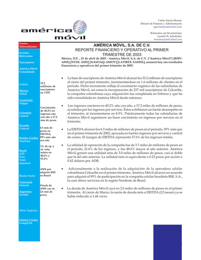 Thumbnail America Movil Quarterly Report 2003-q1