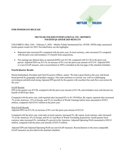 Miniature Mettler Toledo Rapport trimestriel 2025-q4