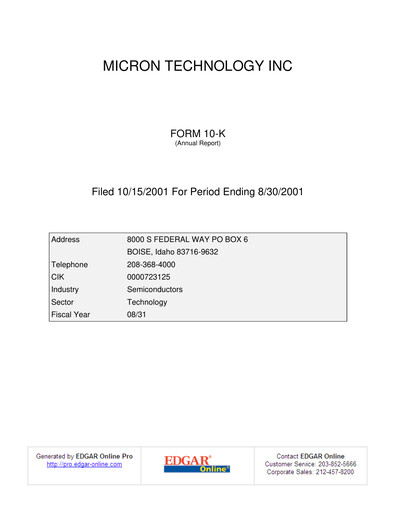 Thumbnail Micron Technology Annual Report 2001