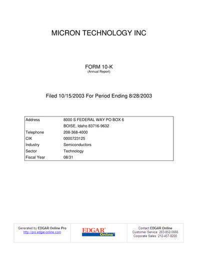 Thumbnail Micron Technology Annual Report 2003