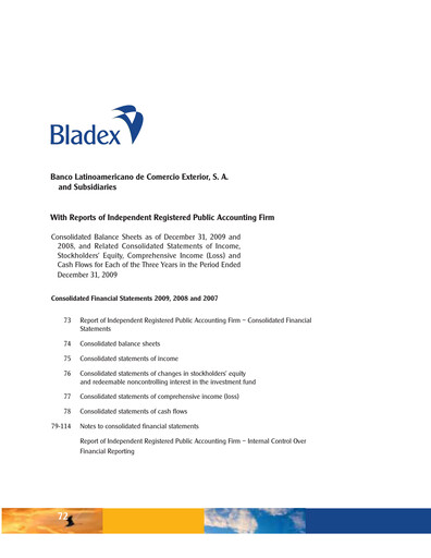 Thumbnail Banco Latinoamericano de Comercio Exterior Financial Statement 2009