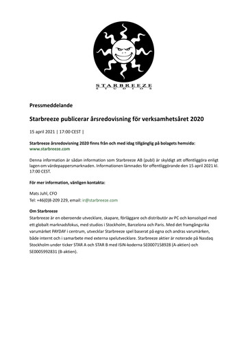 Thumbnail Starbreeze Annual Report 2020