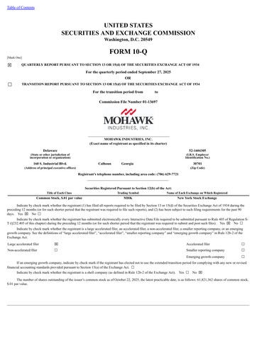 Thumbnail Mohawk Industries
 Quarterly Report 2025-q3