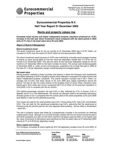 Thumbnail Eurocommercial Properties Half-year Report 2005-2006-h1