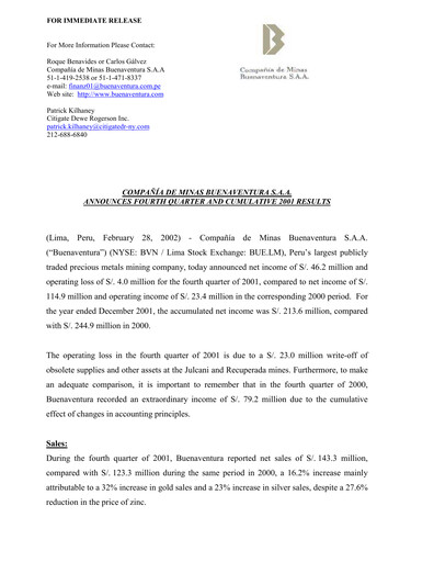 Miniature Buenaventura Mining Company  Bilan financier 2001