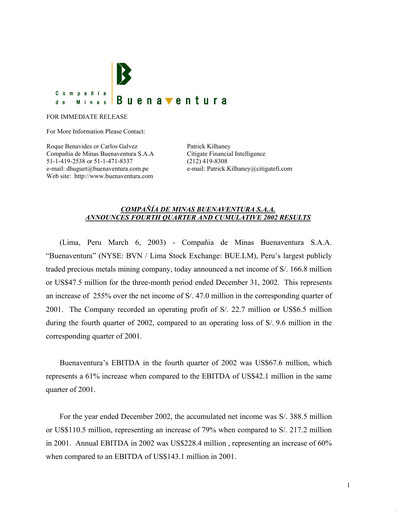 Miniature Buenaventura Mining Company  Bilan financier 2002