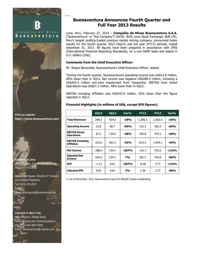 Miniature Buenaventura Mining Company  Bilan financier 2013