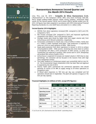 Miniature Buenaventura Mining Company  Bilan financier 2014-h1