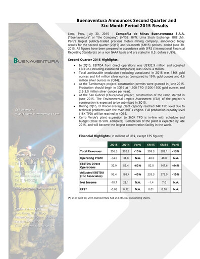 Miniature Buenaventura Mining Company  Bilan financier 2015-h1